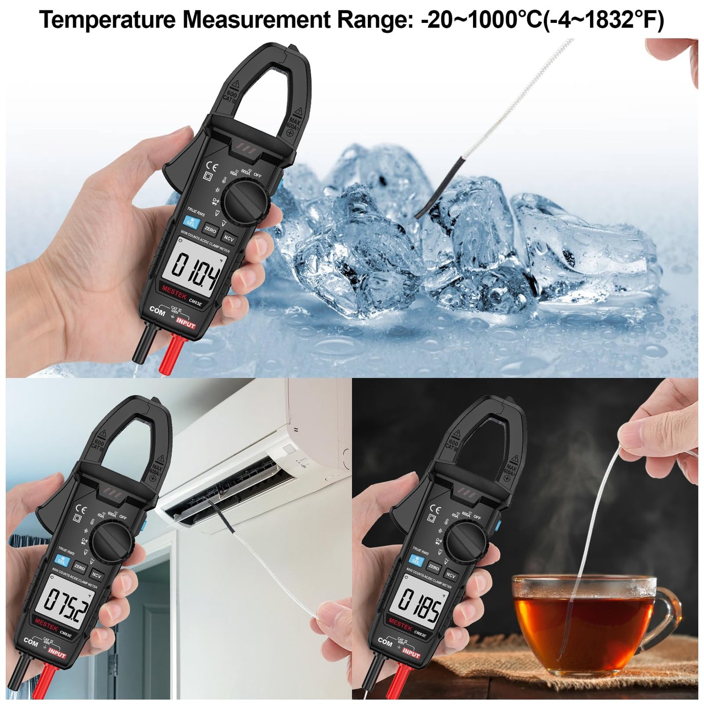 MESTEK Digital Clamp Meter Multimeter, TRMS 6000 Counts 600A Current Amp Volt Meter, Auto-Ranging Voltage Tester Measures AC DC Current Voltage Resistance Capacitance Temperature Diodes Continuity NCV