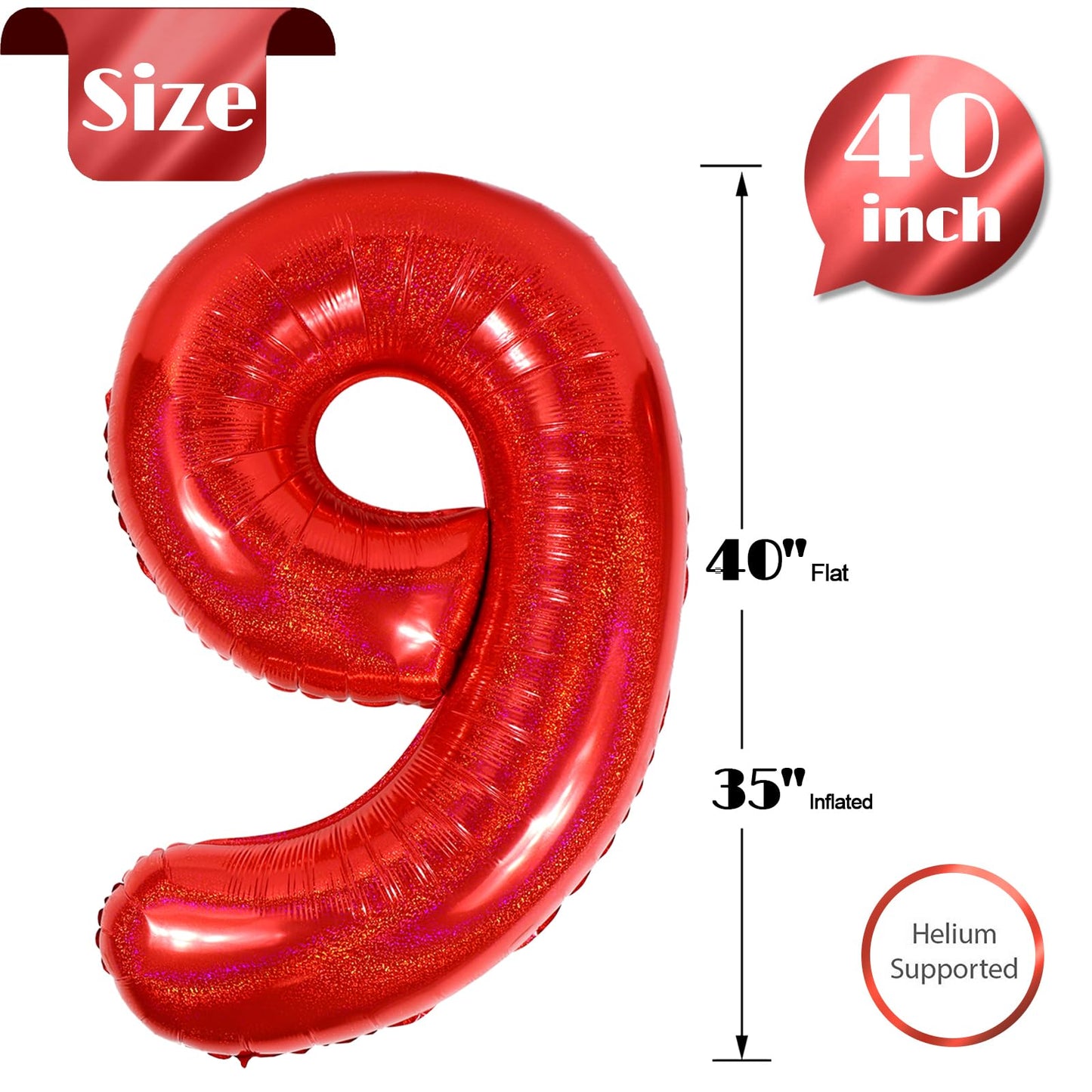 Laser Red 9 Balloon, Number Balloons 40 Inch, 9th Giant Birthday Decorations for Girls,19th 29th Party Decorations Supplies, Number 9 Balloon