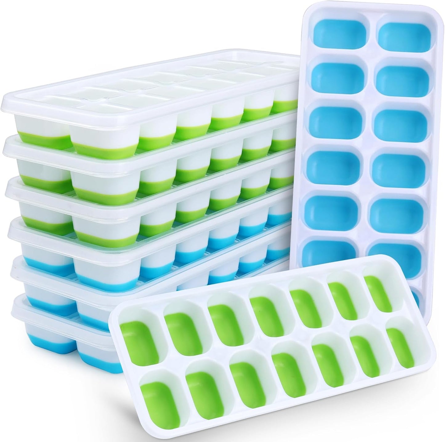 Silicone Ice Cube Tray - 8 Pack Easy-Release Flexible Trays with Spill-Resistant Lid | Stackable Freezer Ice Trays (4 Blue + 4 Green)