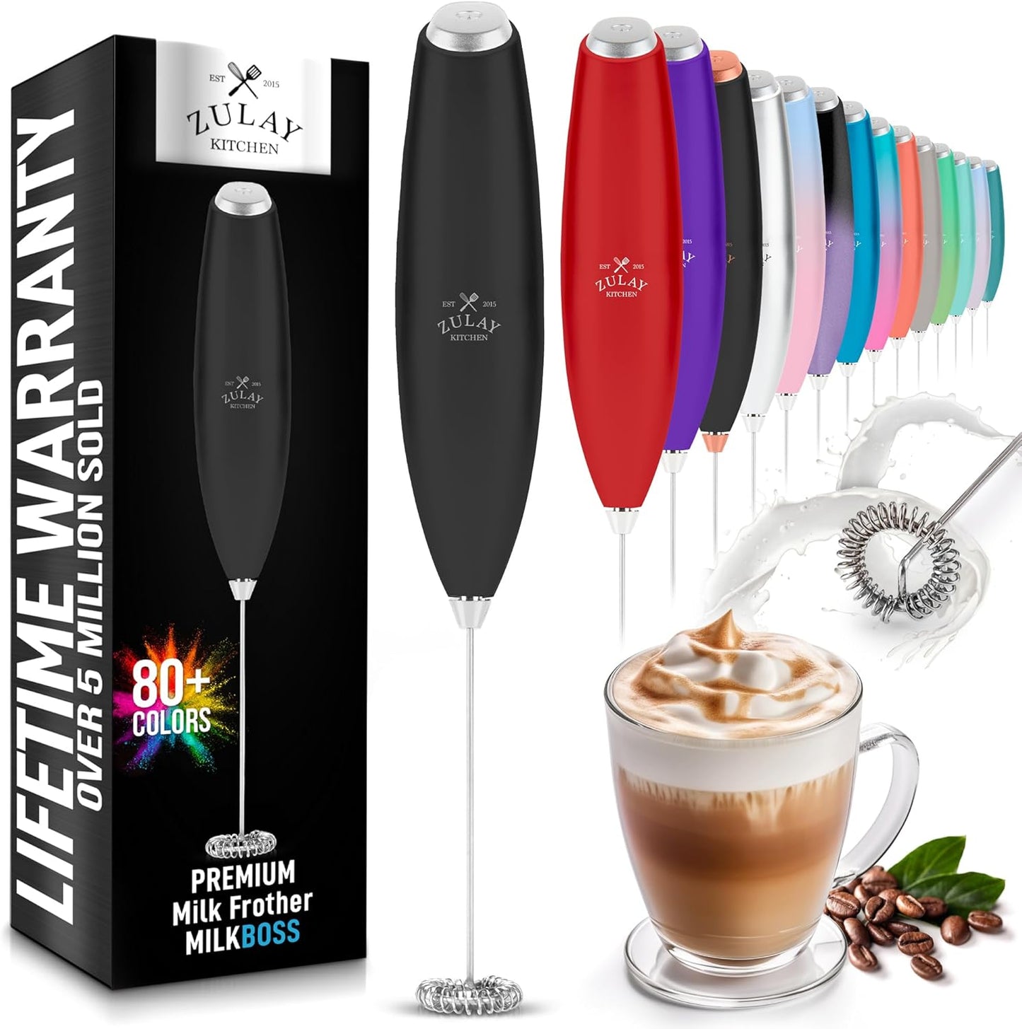Zulay Kitchen Milk Frother - Handheld Electric Whisk for Lattes, Matcha & More | Durable Stainless Steel - Black