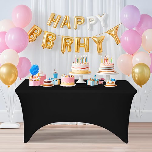 2 Pack 5 Feet Black Spandex Tablecloth for Rectangular Tables, Fitted & Stretch, Washable, Wrinkle Resistant, Perfect for Event, Wedding, Party, Banquet, Cocktail, Festival, and Table Protector