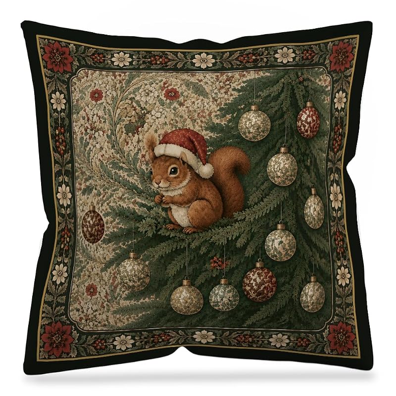 DAYOUER Christmas Tree William Morris Style Squirrel Pillow Cover 18x18 Multicolor