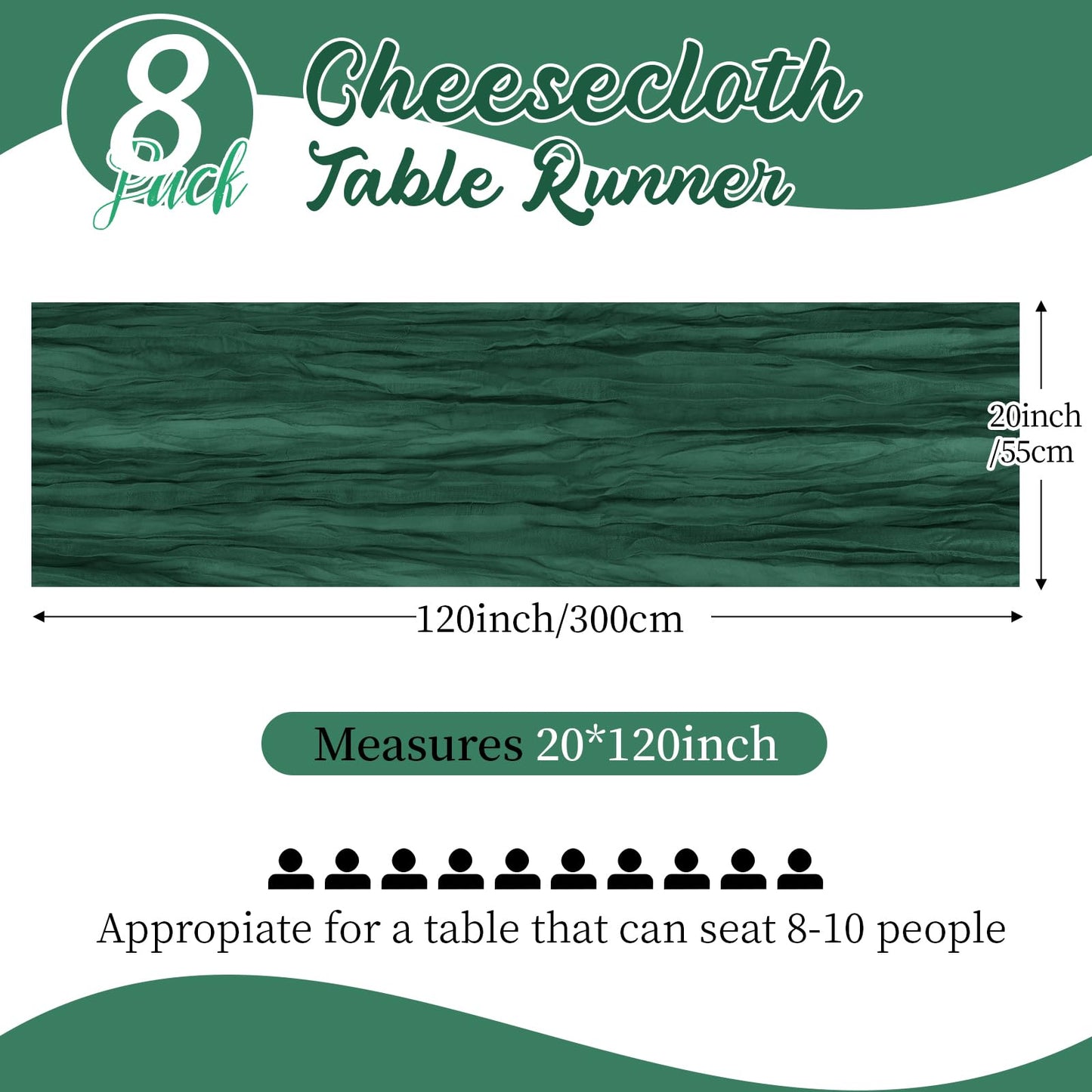 8 Pack Emerald Green Cheesecloth Table Runners 20x120 Inch Gauze Table Runner Cheese Cloth 10FT Green Table Runner Rustic Sheer Runner for Wedding Baby Shower Birthday Party Table Decor