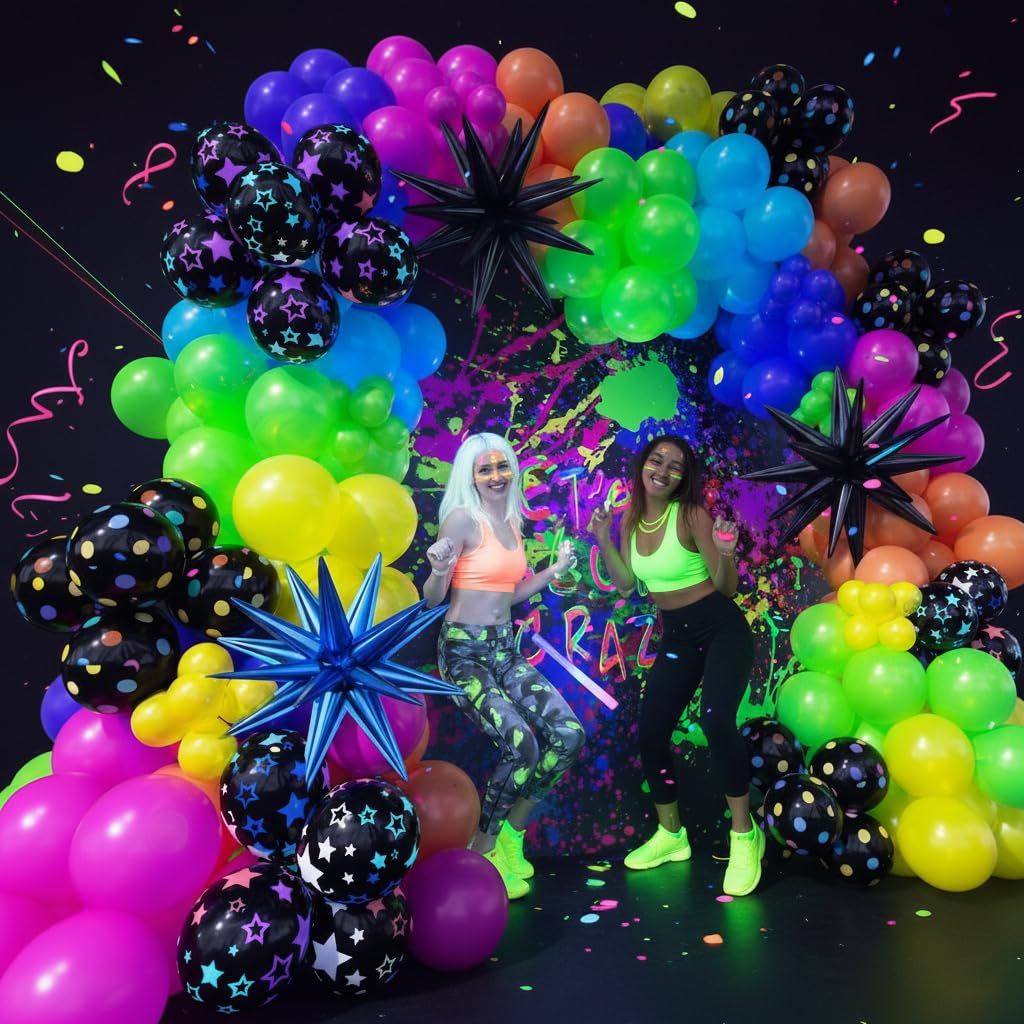 PTGOLUO 185Pcs Neon Balloons Arch Garland Kit with Glow in the Dark Balloons, Neon Balloons Arch Kit for Back to 80s 90s DISCO Birthday Party Decorations, Let's Glow Party, Rock Roll Party Supplies