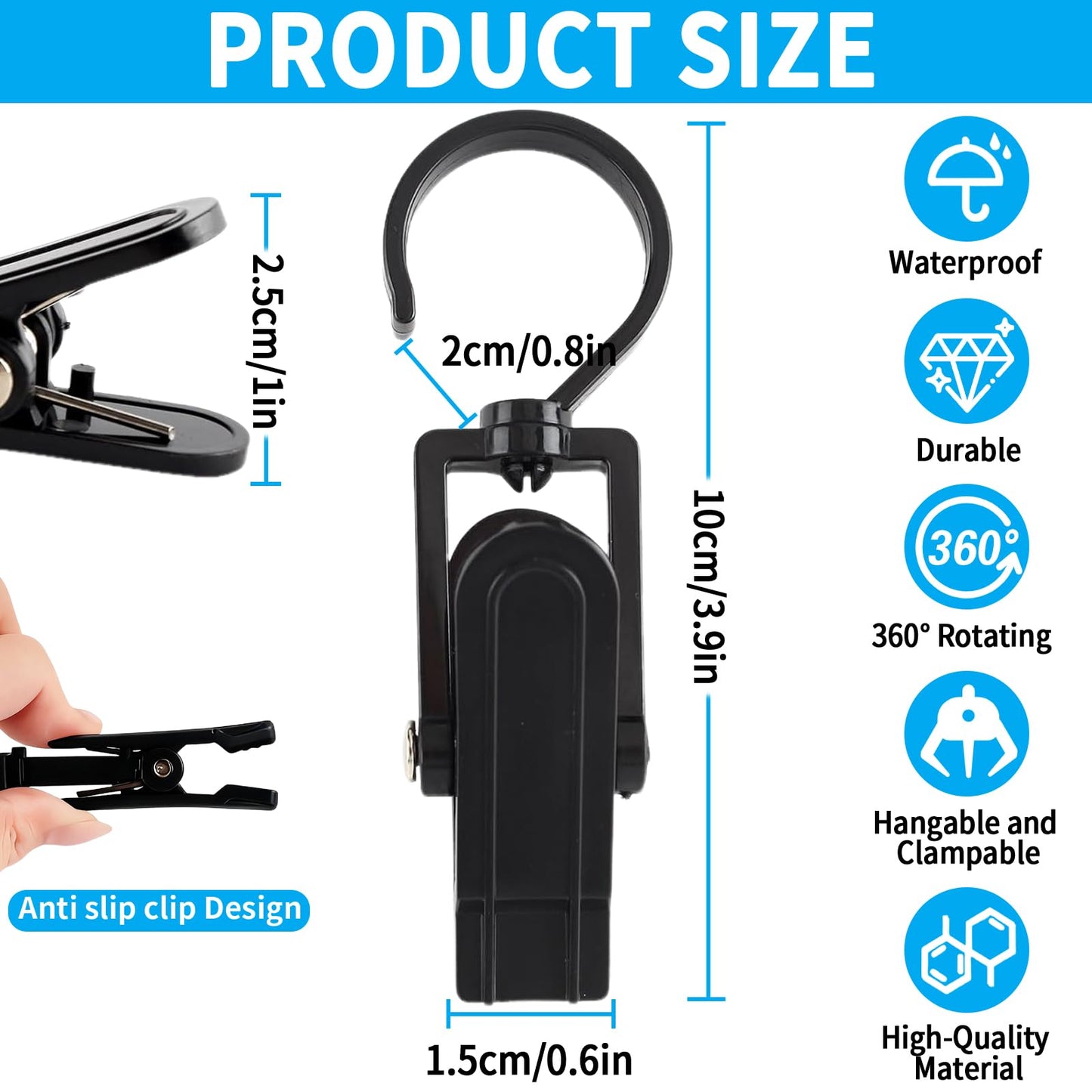 VinBee 20 PCS Laundry Hooks with Clips Super Strong Plastic Home Travel Swivel Hanging Hanger Closet Organizer Clamps Socks Boot Bras Towels for Bathroom Wardrobe Kitchen Office - 4.3 Inches (Black)