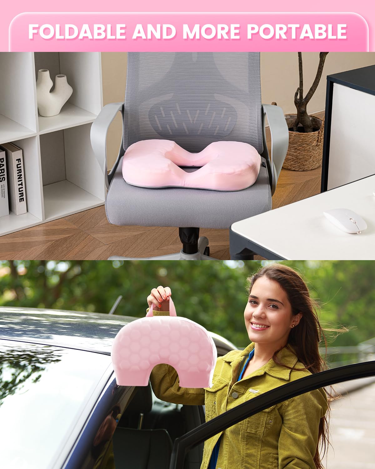 Sino Salected Portable Donut Pillow, Doughnut Pillow for Tailbone Pain, Non-Slip Removable Cover, Hemorrhoid Cushion for Postpartum ＆ Sciatica, Memory Foam Seat Cushion, Pink