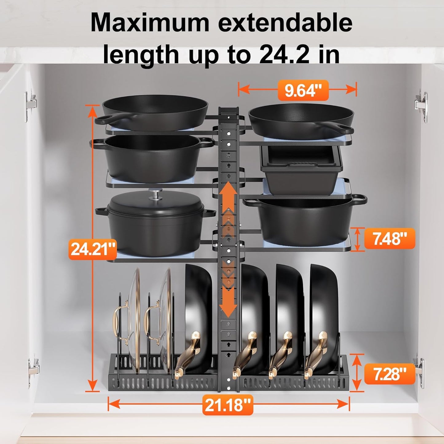 LAMU Pots and Pans Organizer - Expandable Under Cabinet Storage with 6 Adjustable Tiers | Holds 12 Cast Iron Cookware, Black