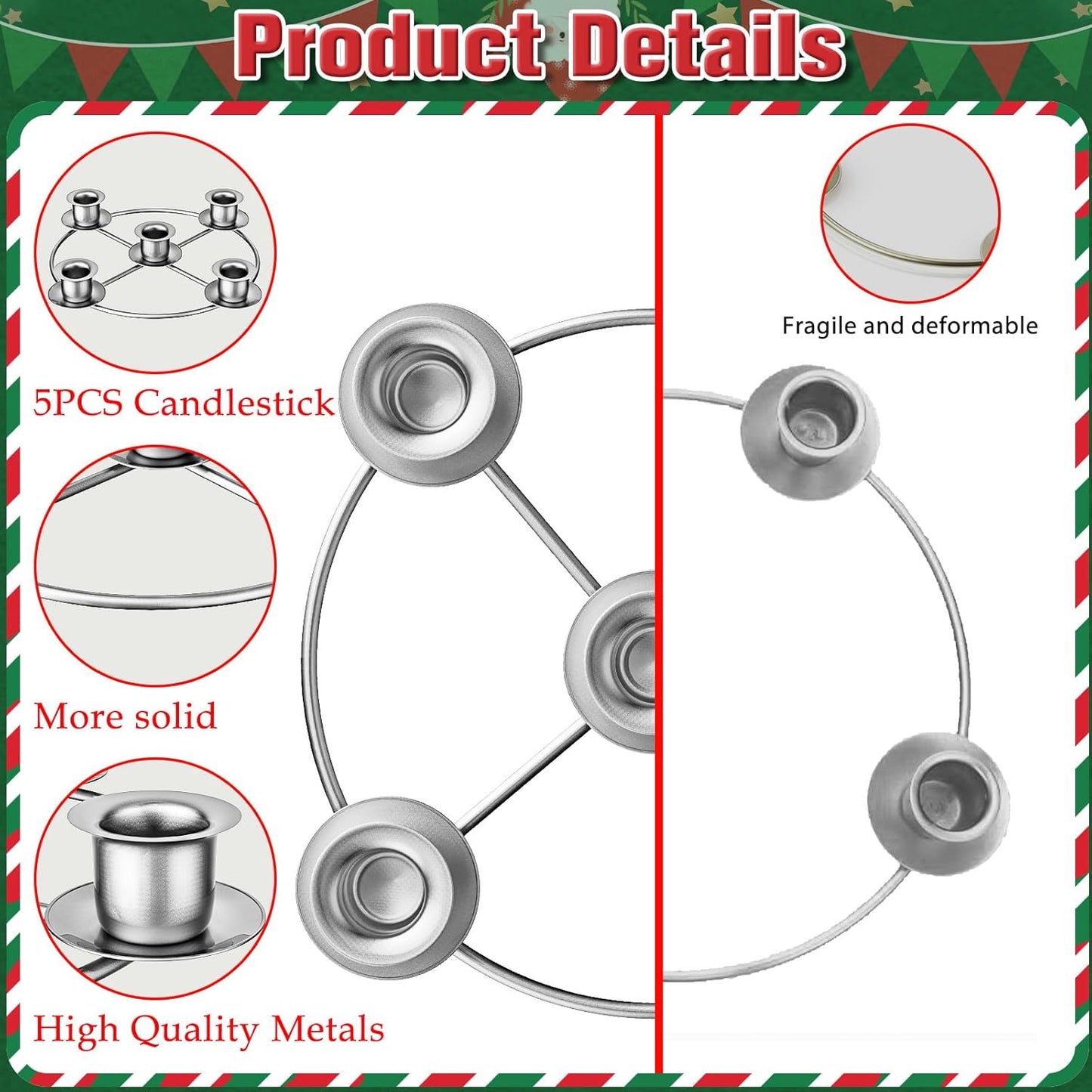 Advent Wreath | 5-Candle Holder with Decorative Rings for Tapered Candles - Silver Finish
