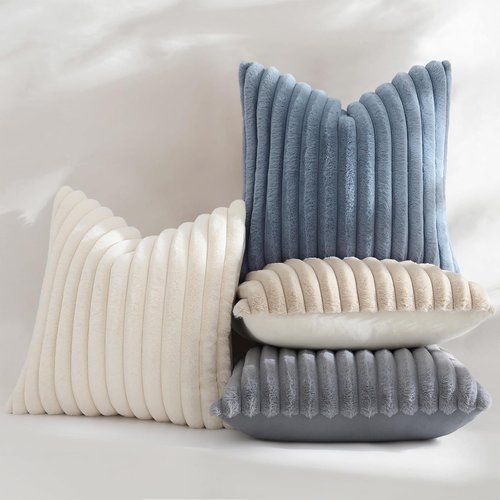 decorUhome Faux Fur Throw Pillow Covers - Cozy 18x18 Set of 2 | Soft Plush Striped Modern Farmhouse in Cream White