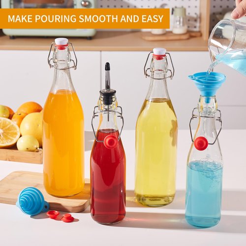 8 Set, 16 OZ Swing Top Glass Bottles - Flip Top Beer Brewing Bottles with Stopper for 2nd Fermentation, Kombucha, Mead Kefir, Vanilla Extract, Juice, Tea, Wine - Airtight Cap Lids, Bonus 2 Pourers