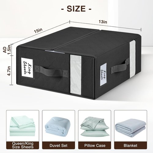 Homsorout Bed Sheet Organizer - Foldable Linen Storage with Window | XL 6-Pack for Blankets & Duvet Covers, Black