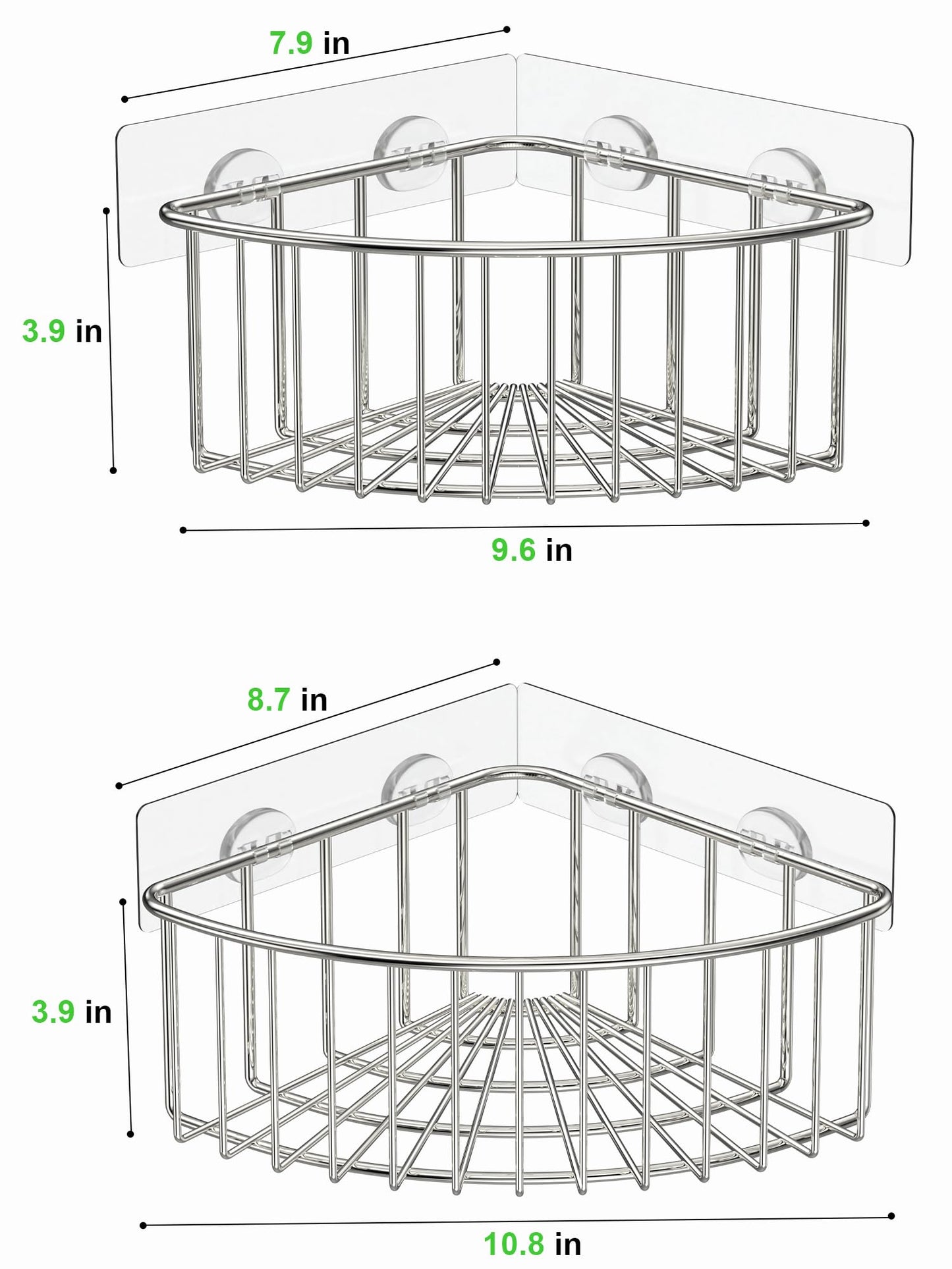SMARTAKE 2-Pack Corner Shower Caddy Deep Basket Design, SUS304 Stainless Steel, Wall Mounted Bathroom Shelf with Adhesive, Storage Organizer for Toilet, Dorm and Kitchen (Silver)