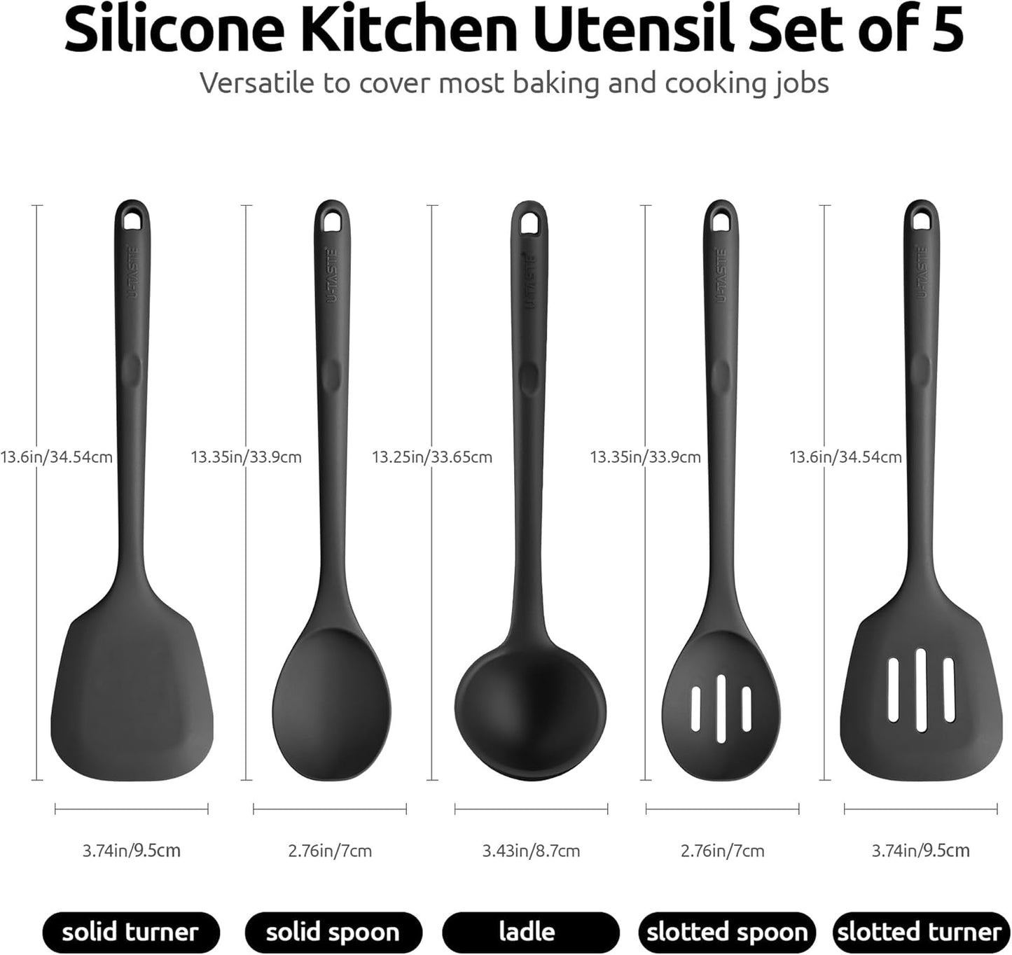 U-Taste Silicone Kitchen Utensil Set - High Heat Resistant, BPA Free, Non-Stick Cooking Tools (5 Pieces, Black)