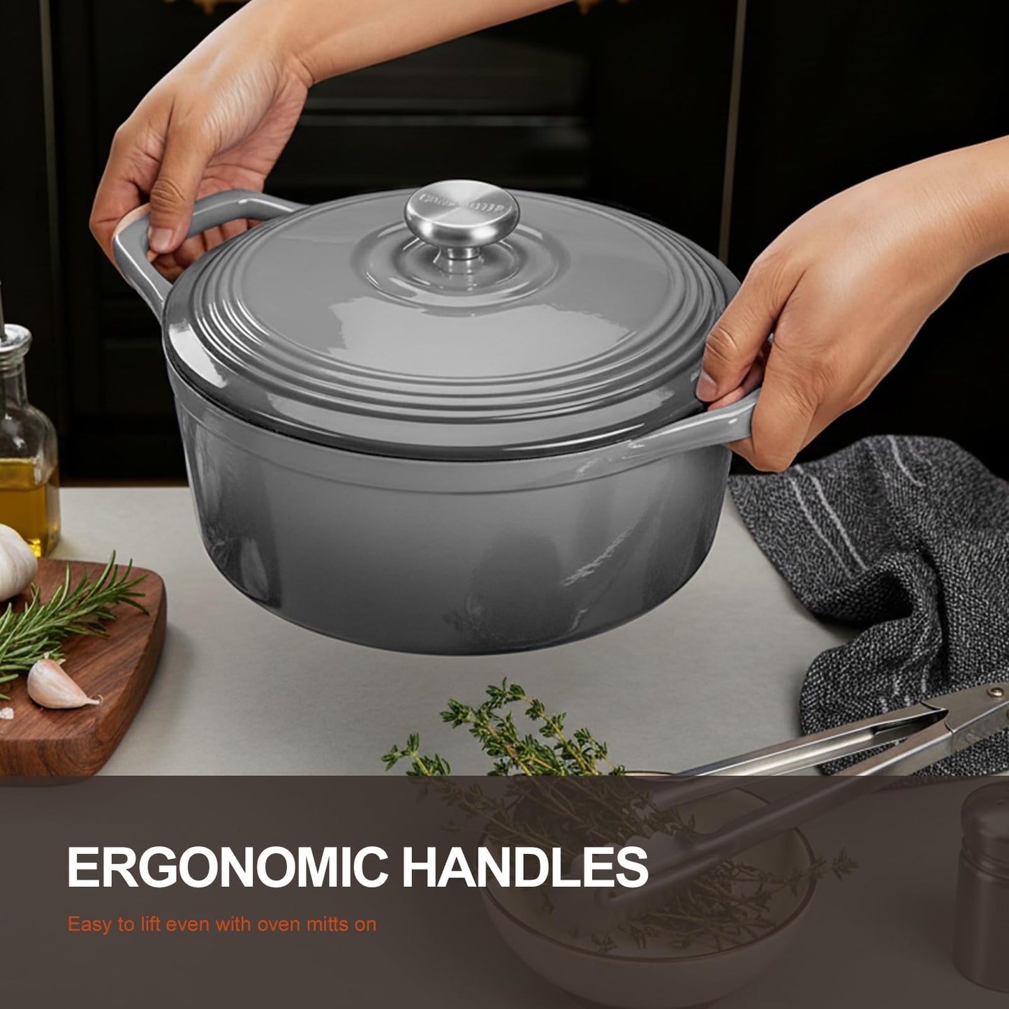 Overmont Enameled Cast Iron Dutch Oven - 5.5QT Pot with Lid Cookbook & Cotton Potholders - Heavy-Duty Cookware for Braising, Stews, Roasting, Sourdough Baking Grey
