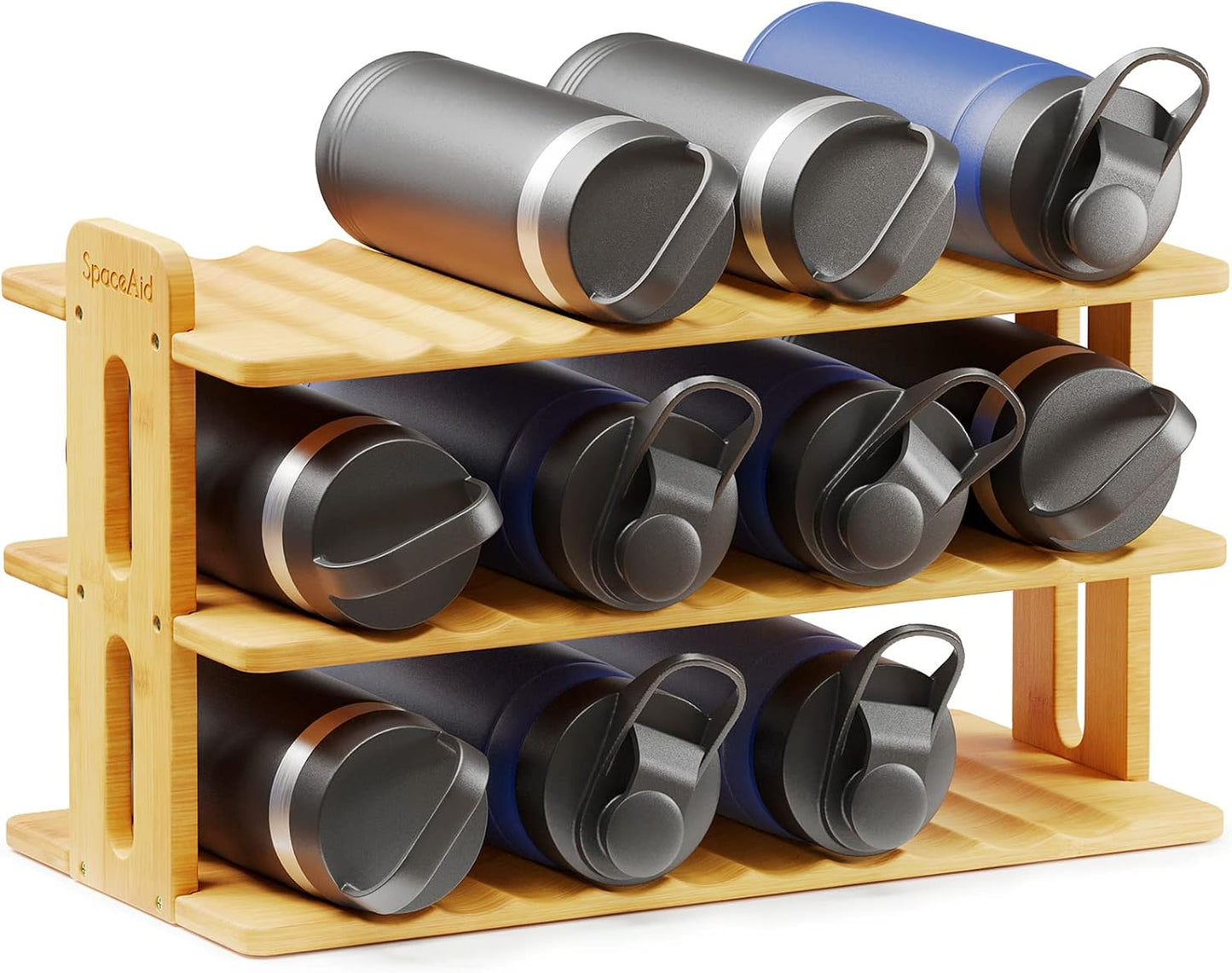 SpaceAid Bamboo Water Bottle Organizer - 3-Tier Kitchen Storage Rack for 12 Bottles | Stylish Labels Included