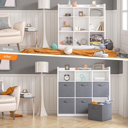 EnHomee 9 Cube Storage Organizer with Storage Bins, Sturdy and Durable Wooden Bookcase with Fabric Drawers, 9 Cube Shelf for Bedroom, Living Room,White Grey, 11.8" D x 29.5" W x 35.4" H,