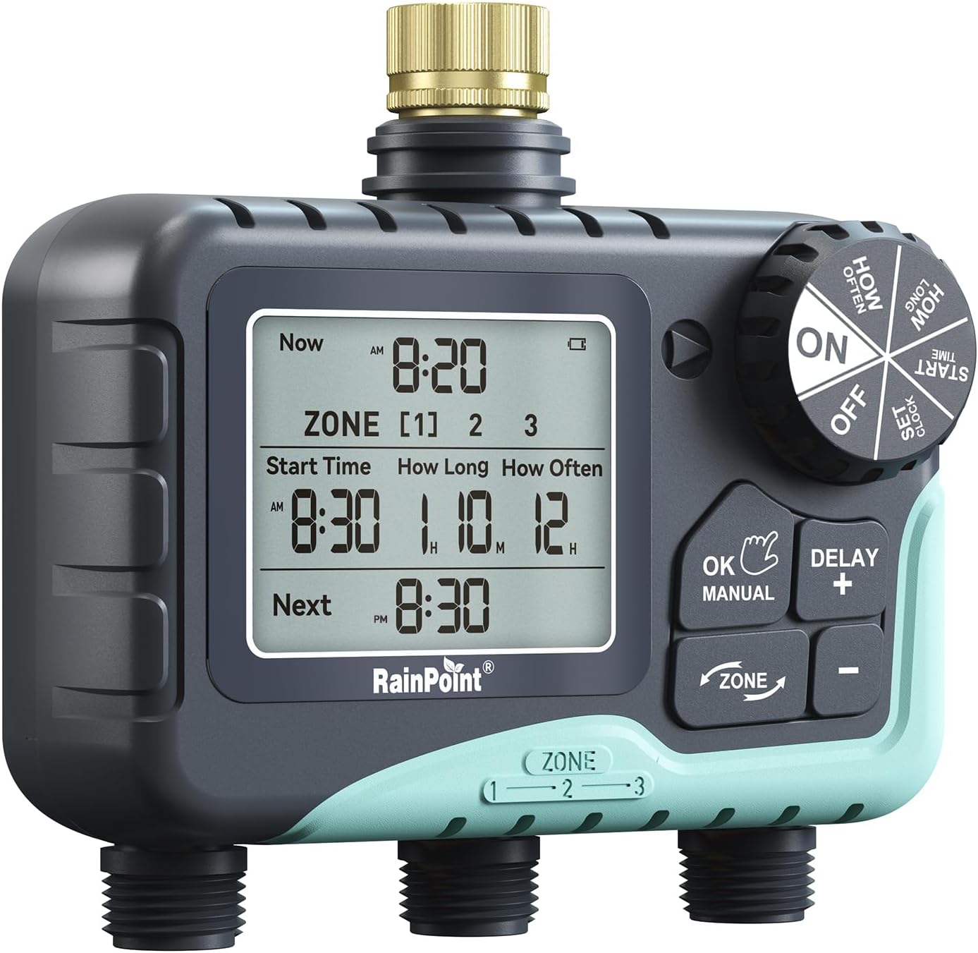 RAINPOINT 3-Zone Sprinkler Timer - Automatic Watering System with Brass Inlet & IP65 Waterproof | Large LCD Display