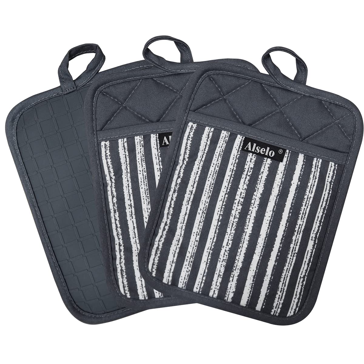 Alselo Silicone Pot Holders Set of 3 Heat Resistant & Non Slip Potholders, Professional Oven Hot Pads with Pockets Mitts for Kitchen Cooking Baking Barbecue