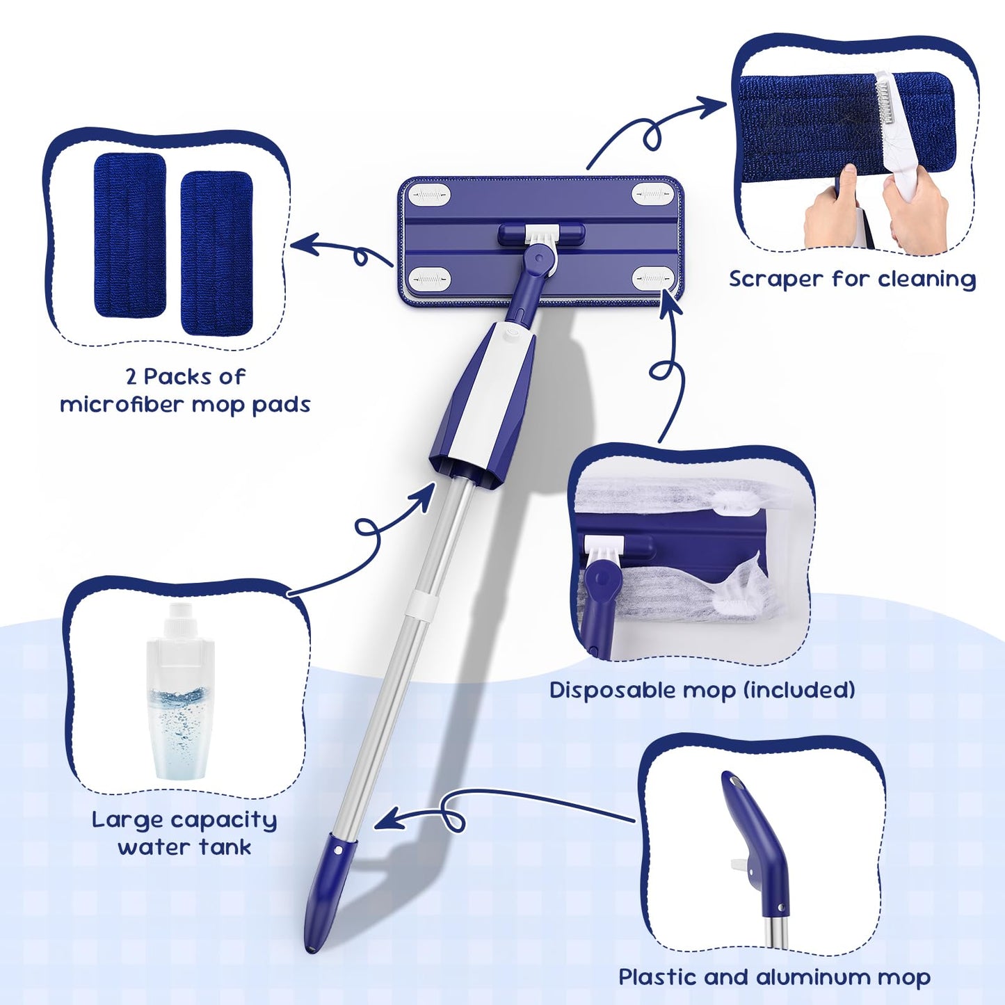 Kids Spray Mop - Chores Chart Set Montessori Cleaning Toy Set with Real Water Sprayer 2PCS Washable Pads and 10PCS Disposable Mop Pads for Ages 3-8 (Blue)