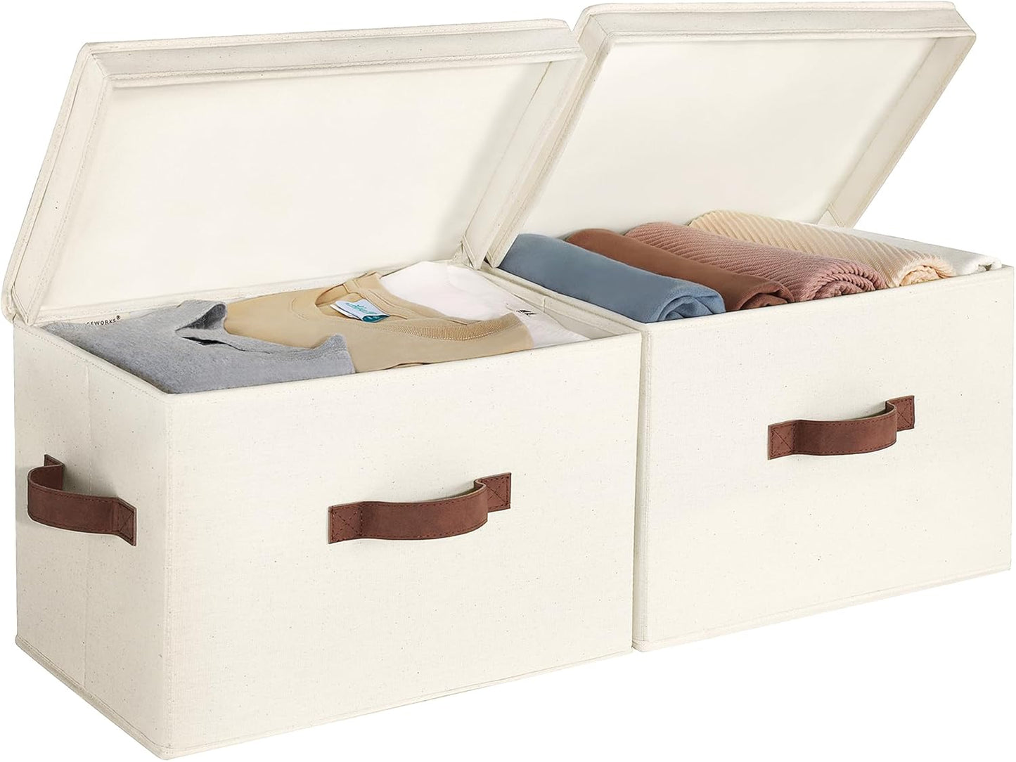 StorageWorks Fabric Storage Bins - Stackable Decorative Boxes with Lids | Large Ivory White, 2-Pack