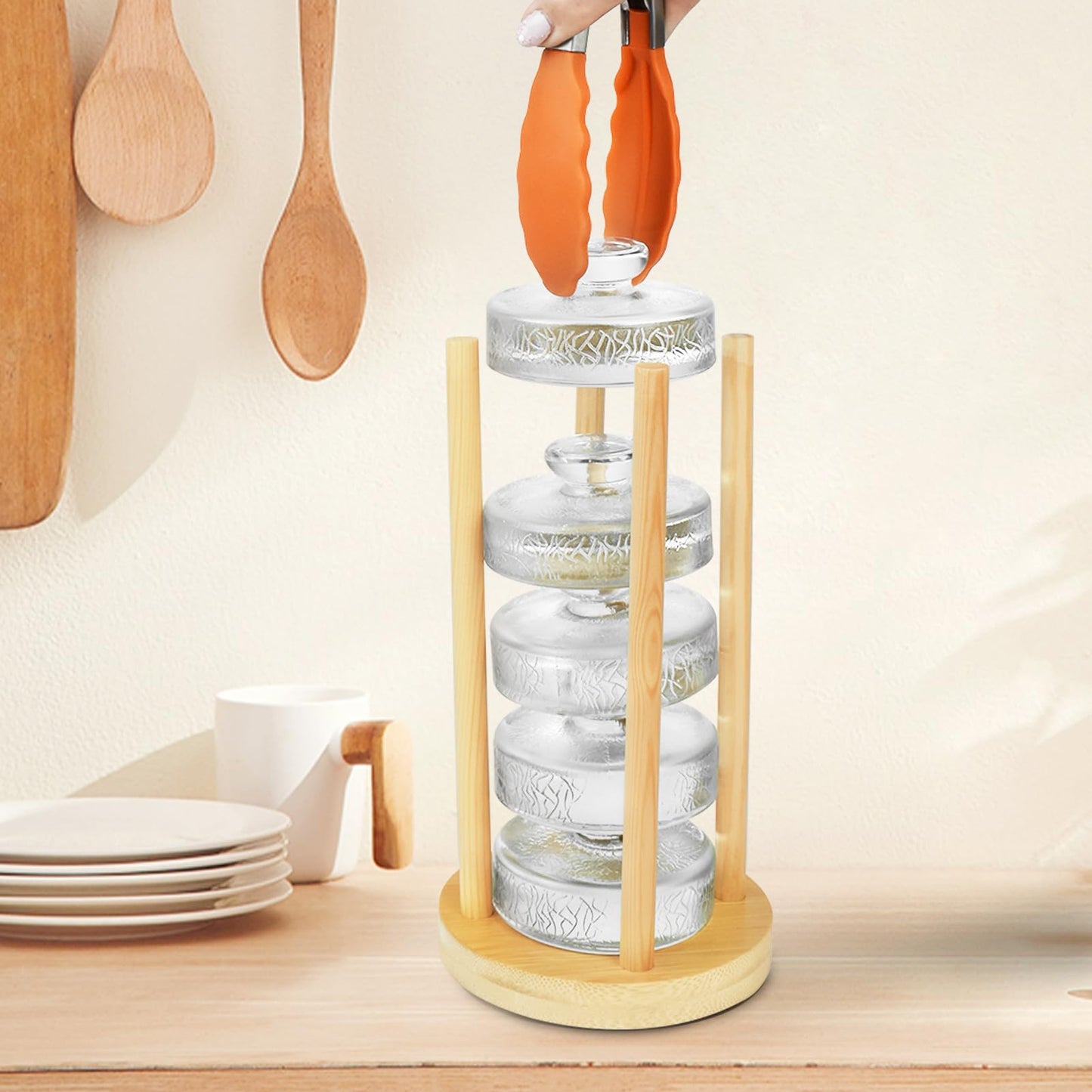 Artcome 5-Pack Glass Fermentation Weights with Easy Grip Handle and Unique Texture Design for Large Wide Mouth Mason Jars - Pickle Pebbles with Glass Weights Organizer - Space Saving Compact Design