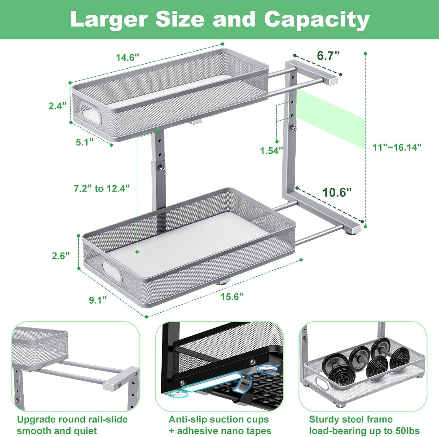 Under Sink Organizer - Adjustable 2-Tier Storage Solution | 2-Pack Metal Pull-Out Drawers for Kitchen & Bathroom