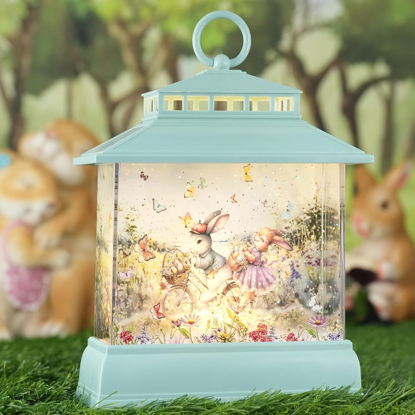 Regine Switzerland Easter Snow Globe Lantern - Illuminated Bunny Egg Decor with Timer | Glitter Spring Tabletop Decoration