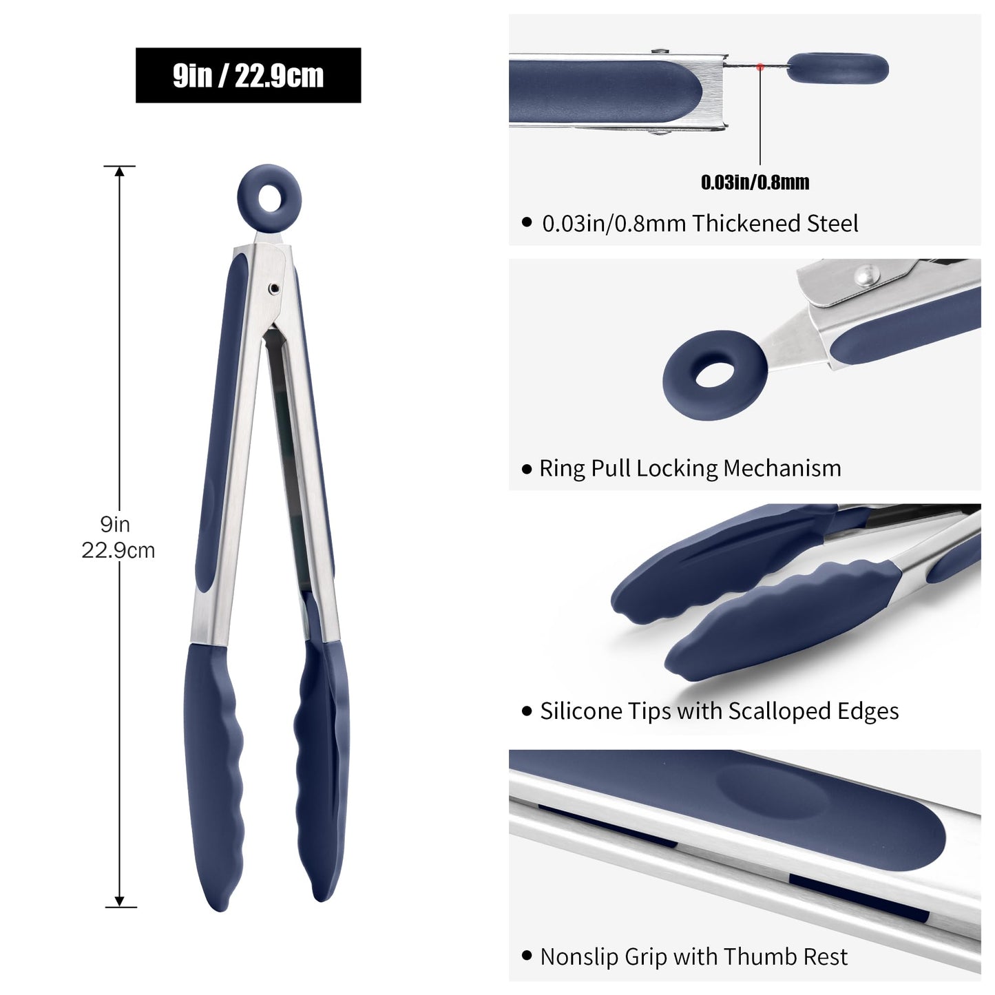 Doosu Kitchen Tongs for Cooking - 600°F Heat Resistant Food Tong with Non-Scratch Silicone Tips, Heavy Duty Stainless Steel Locking Tong for BBQ, Grilling Steak, Serving Salad Pasta (9in, Navy Blue)
