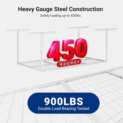 FLEXIMOUNTS Overhead Garage Storage Rack - Adjustable Ceiling Design | 3x6 ft, 900 lbs Capacity, White