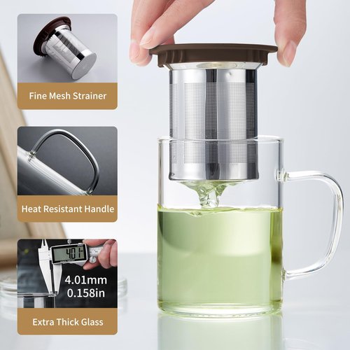 Glass Tea Cup with Infuser and Lid, 400ml Large Borosilicate Teacup, Clear Mug for Loose Leaf Tea, Blooming Tea, Tea Bags - Perfect Christmas or Birthday Gift for Women
