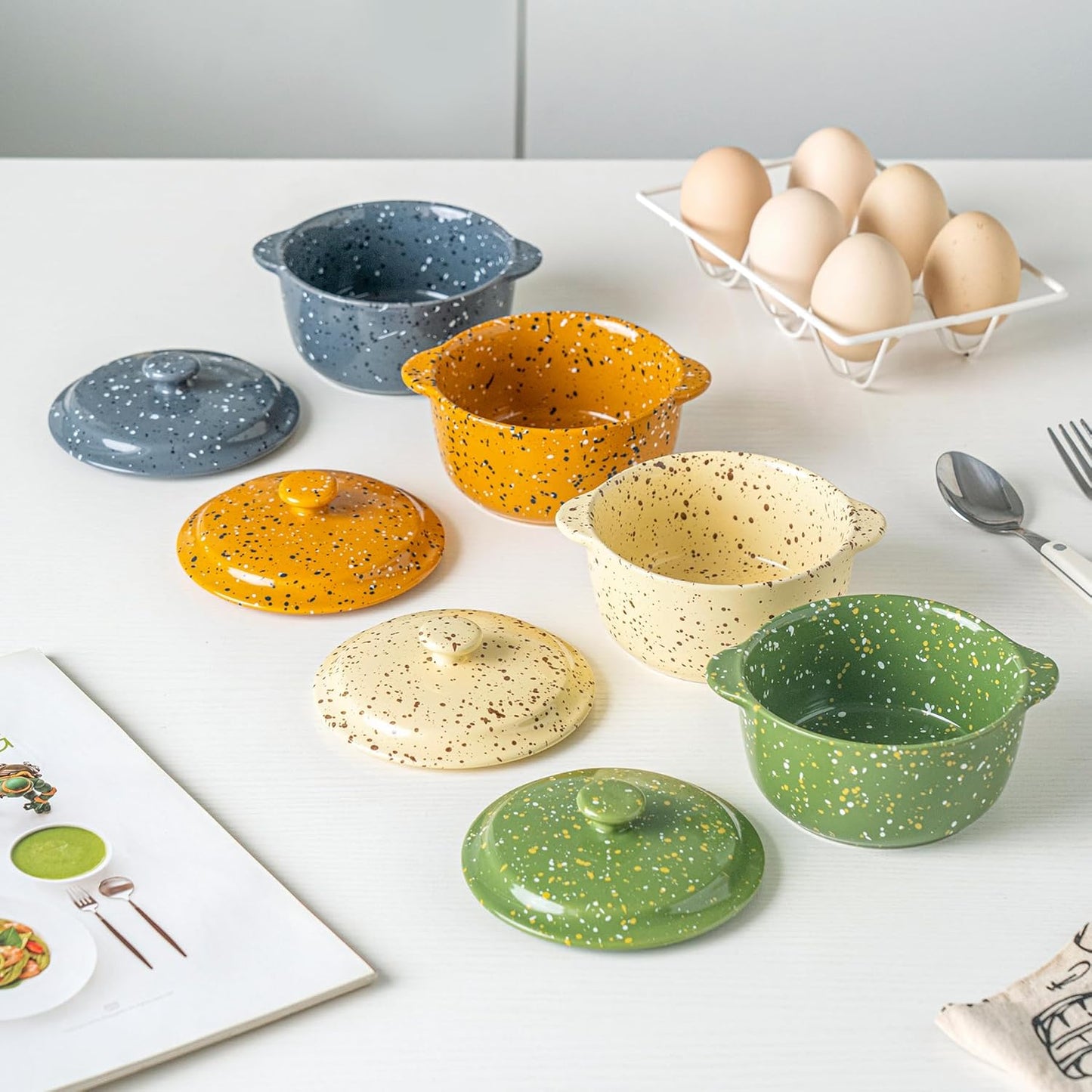 Skiennix Mini Ceramic Casserole Dishes - Oven-Safe 10 Oz Ramekins with Lids & Handles | Perfect for Soufflé, Soup, Cobbler, Green 4-Pack