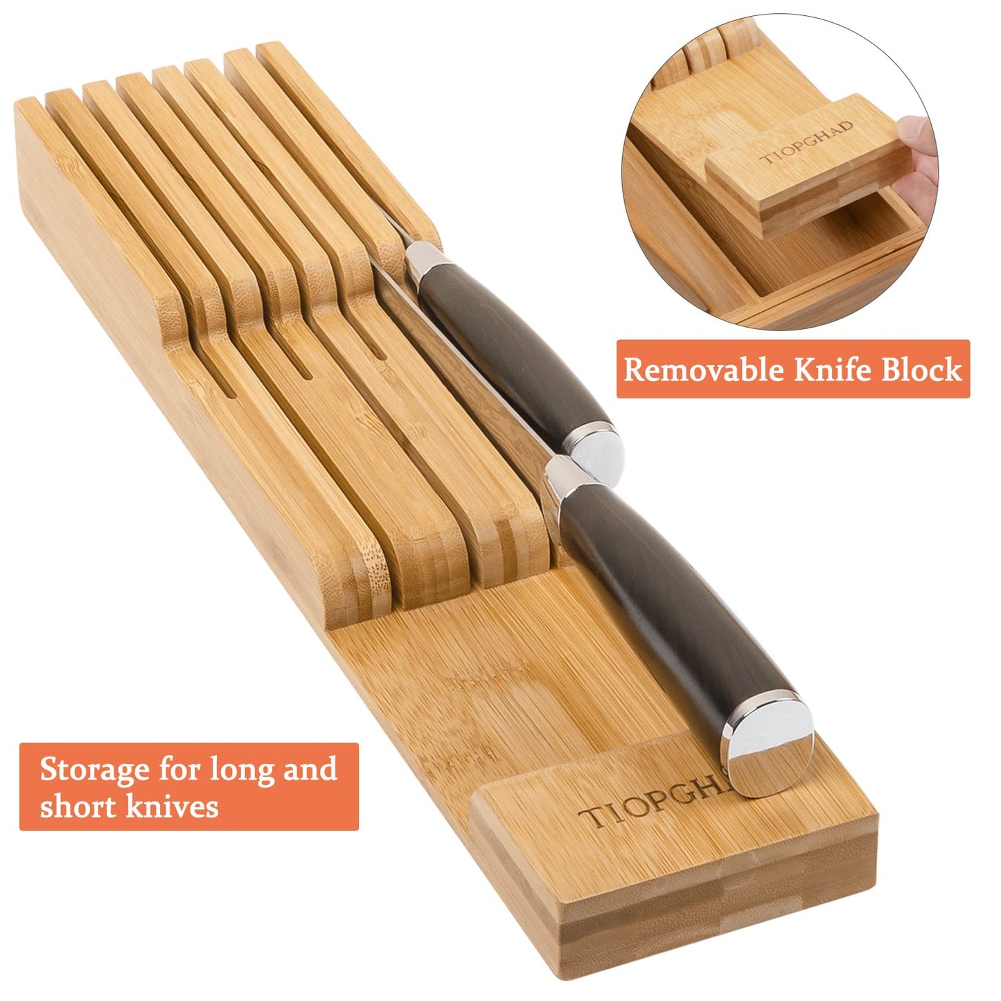 TIOPGHAD Bamboo-Silverware-Drawer-Organizer-Kitchen, Expandable Utensil Holder Cutlery Tray Flatware Organization Adjustable Wood Tableware Dividers Storage (with Removable Knife Block)(Natural)
