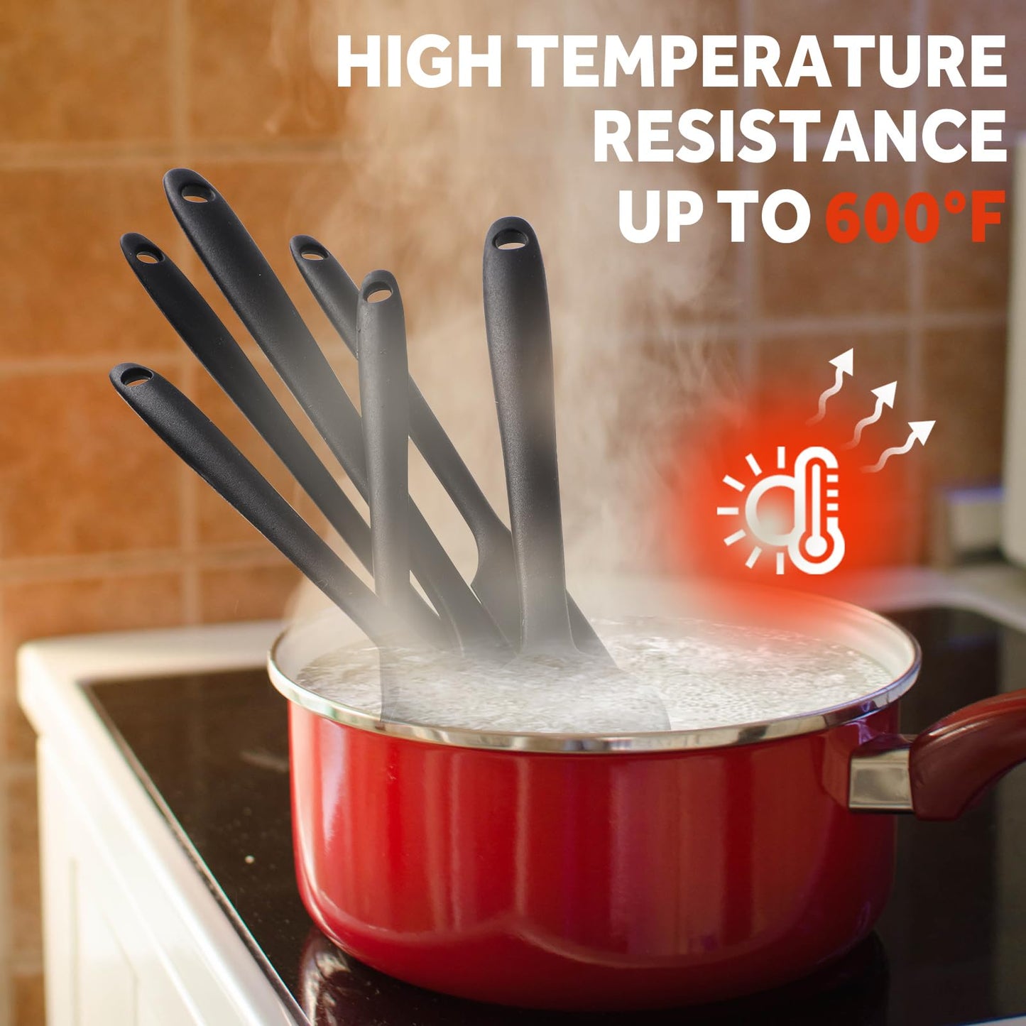 GeeRic Silicone Spatula Set, 6 PCS Non-Stick Kitchen Utensil Set, Heat Resistant Up to 600°F Kitchen Cooking and Serving Utensils Black