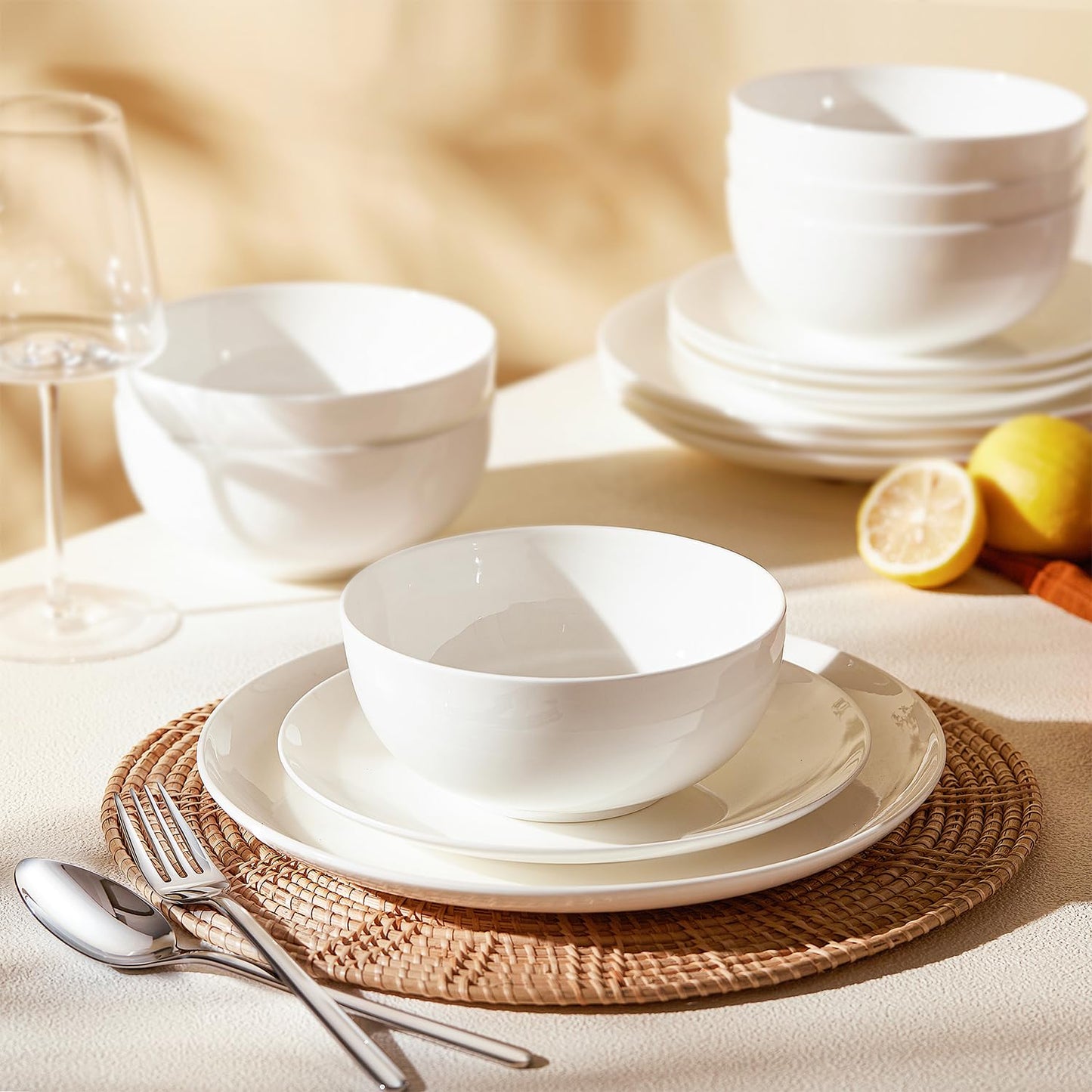 KINGSTONE 12-Piece Bone China Dinnerware Set for 4, Lightweight Porcelain Round Plates and Bowls Set, Durable Scratch Resistant Ceramic Dinner Set, Microwave & Dishwasher Safe, Ivory White