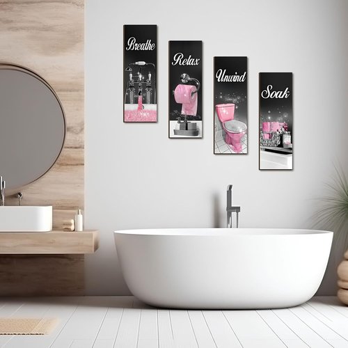 Honoson Bathroom Wall Art Decor - 4 Pcs Farmhouse Signs for Soaking, Unwinding & Relaxing | Black & Pink