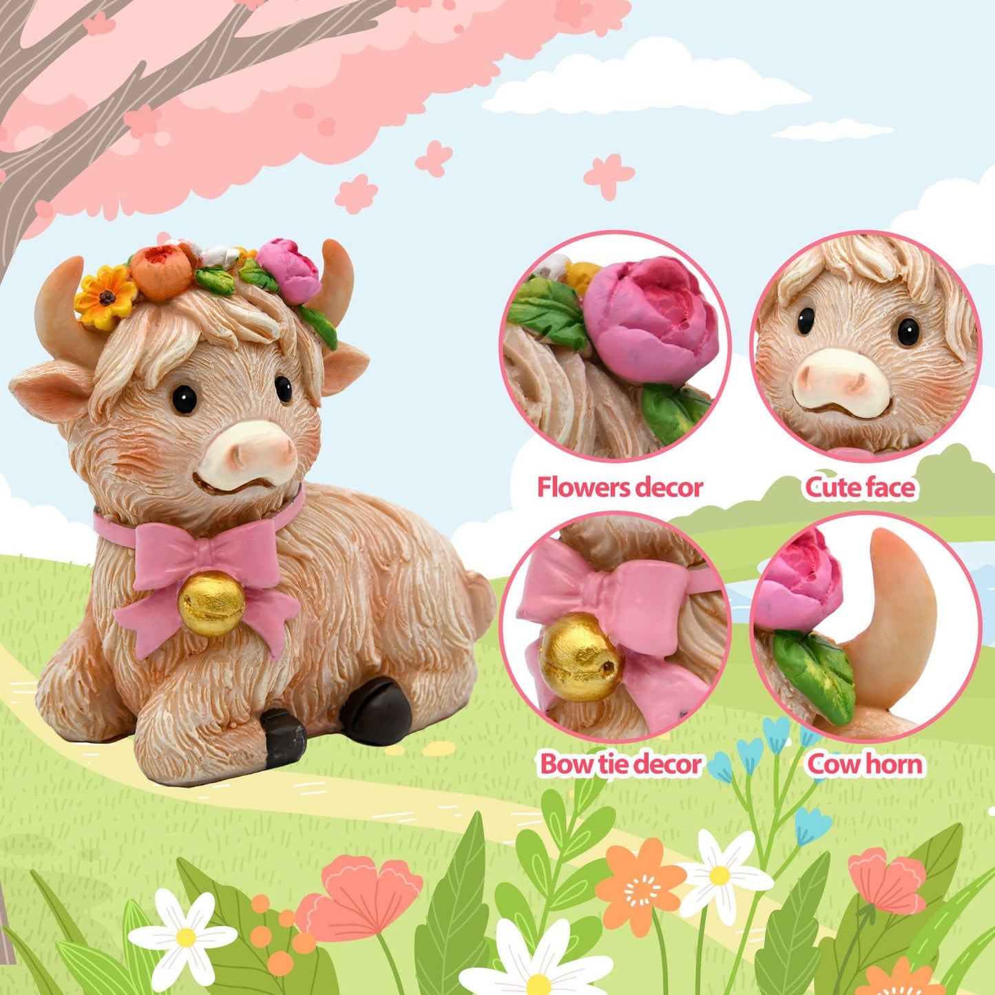 nuvagiki Highland Cow Decor Set of 2, Spring Farmhouse Highland Cow Figurines, Cute Cow Tiered Tray Decorations for Home Kitchen Table, Rustic Country Shelf Decor, Gift for Women
