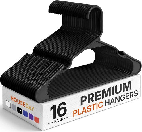 HOUSE DAY Plastic Hangers - 16 Pack Black Adult Clothes Hangers | Space-Saving, Non-Slip & Durable Design