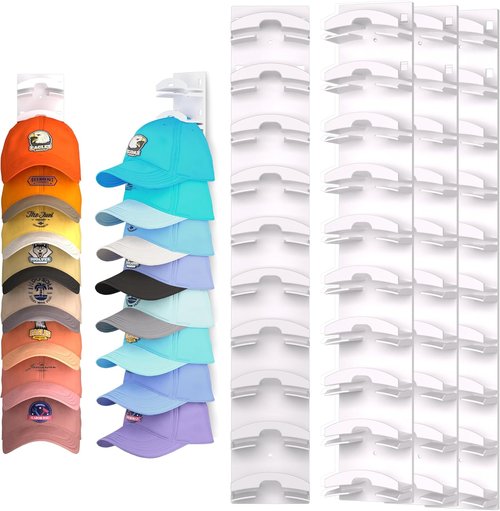 Hat Organizer - Regine Baseball Cap Rack with Strong Adhesive | Holds Up to 40 Hats, Multi-Mount Options (White)