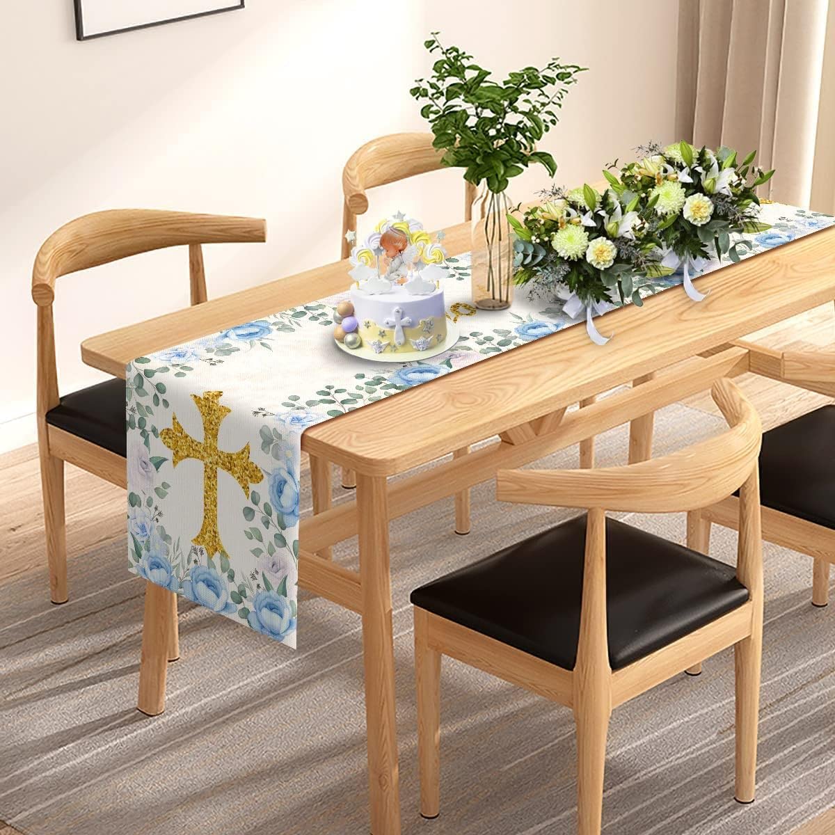 Pudodo Boy Baptism Table Runner God Bless First Holy Communion Christening Baby Shower Party Kitchen Dining Home Decoration (13" x 72", Blue)