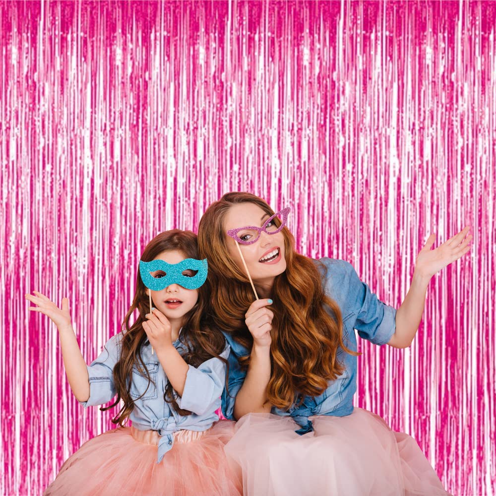 GOER 3.2 ft x 8.2 ft Metallic Tinsel Foil Fringe Curtains Party Photo Backdrop Party Streamers for Galentines Day, Birthday, Graduation, New Year Eve Decorations Wedding Decor (1 Pack, Hot Pink)