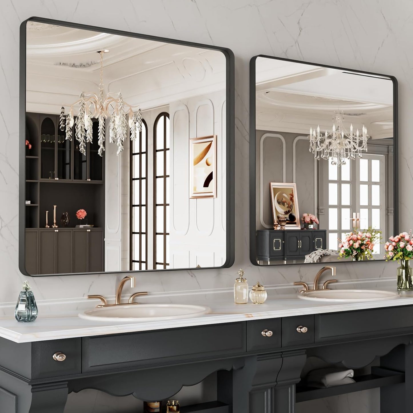 LOAAO Black Metal Framed Bathroom Mirror - 32x32 Inch, Anti-Rust, Versatile Horizontal/Vertical Design