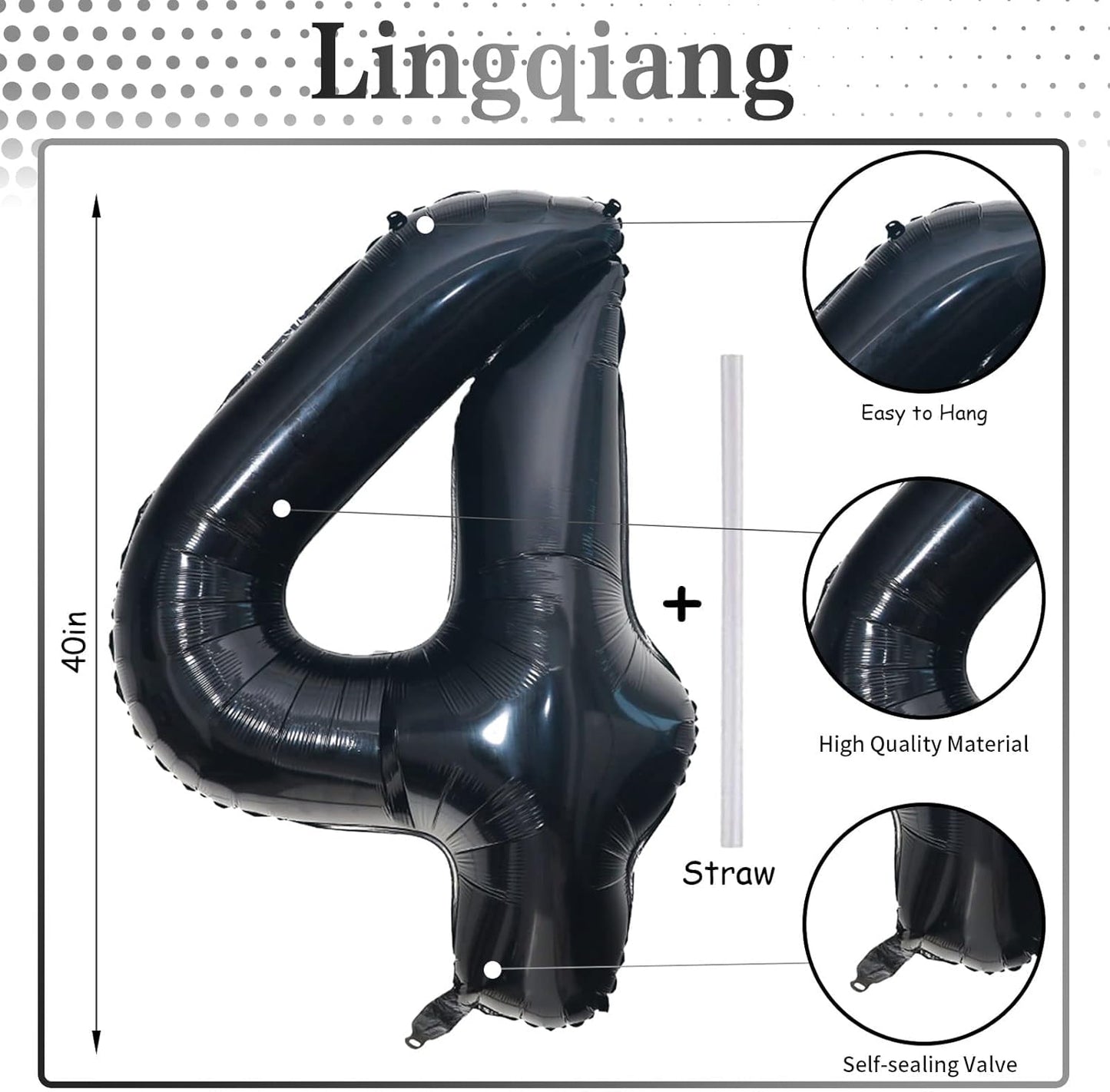 Black Number 4 Balloons by [Brand Name] - 40-Inch Large Foil Mylar Helium Balloon for Birthday & Graduation Celebrations