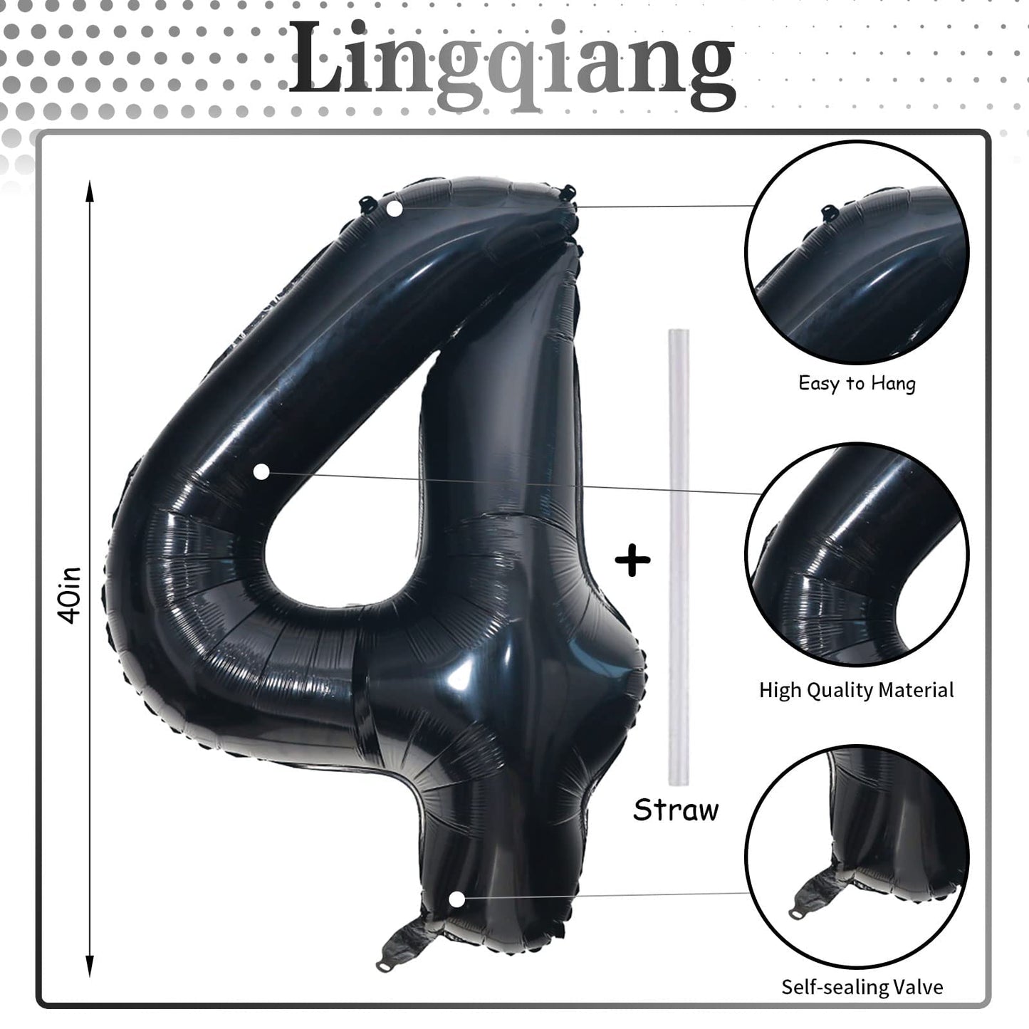 Black Number Balloons, 40inch Large Number 4 Foil Mylar Helium Balloons, Self Inflating Number Balloons 0-9 for Men Boys 4th 40th Birthday Anniversary Party Graduation Celebration Decoration Supplies
