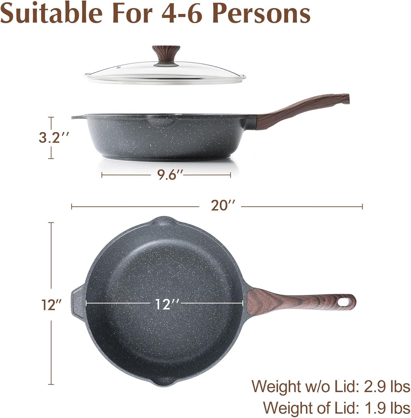 SENSARTE Nonstick Deep Frying Pan - 12-Inch Saute Pan with Lid & Stay-Cool Handle | Induction Compatible, PFOA Free