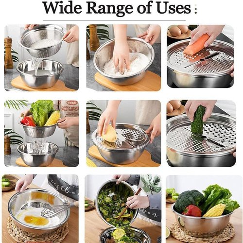 Germany Multifunctional Stainless Steel Basin - 3-in-1 Vegetable Cutter, Slicer & Strainer (10.2")