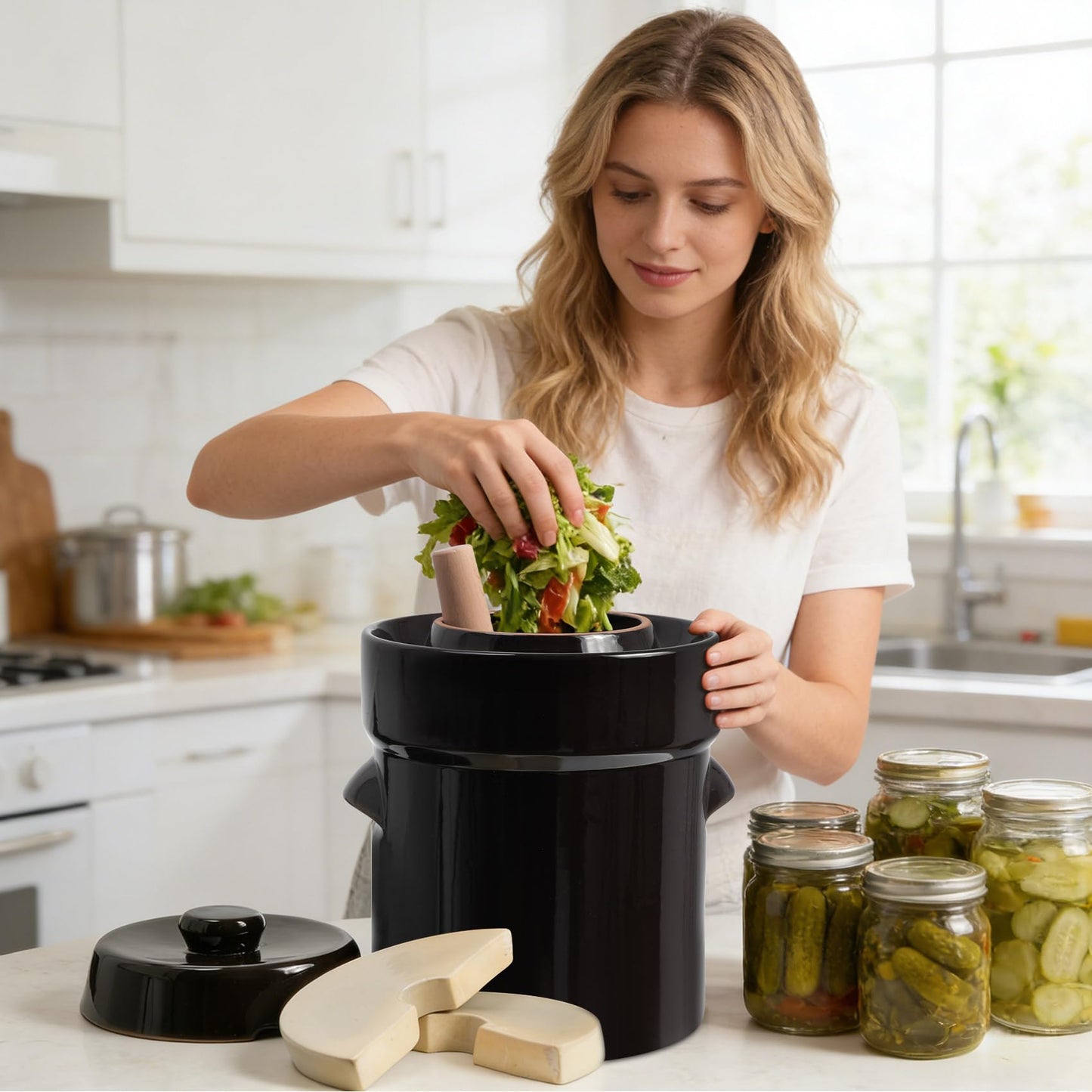 Seeutek Fermentation Crock Jar 5 Liter / 1.3 Gallon - Stoneware Pot for Fermenting, Pickling Kimchi, Pickles, Vegetables, Kombucha - Glazed Fermenter with Stone Weights, Lid & Pickle Tamper