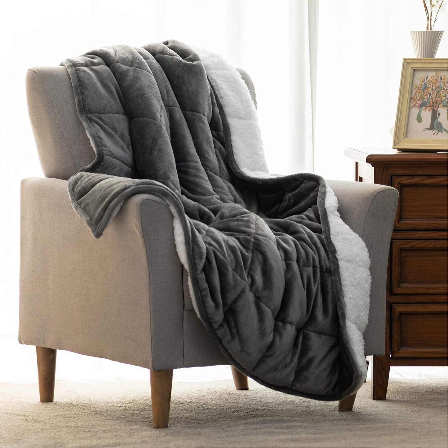 Weighted Blanket Queen Size 15lbs 60x80 inches, Uttermara Sherpa Weighted Blankets with Soft Plush Fleece, Cozy Warm White Sherpa Snuggle Thick Heavy Blanket Great for Sleep and Calming, Grey