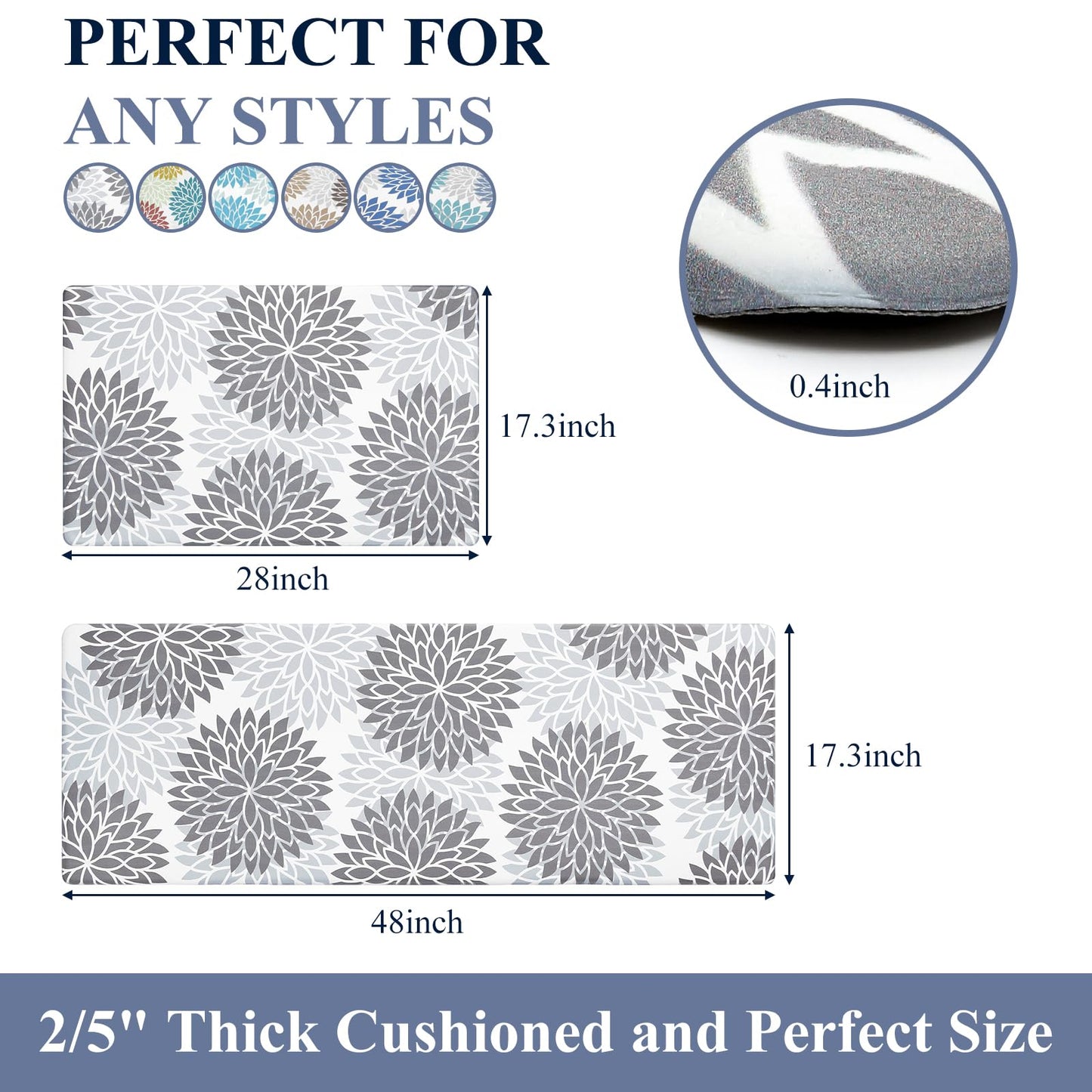 HEBE Anti Fatigue Kitchen Rugs Sets of 2, Non Slip Kitchen Mats for Floor, Waterproof Cushioned Comfort Standing Carpet for Kitchen Sink, Home Office, Laundry Room, Gray