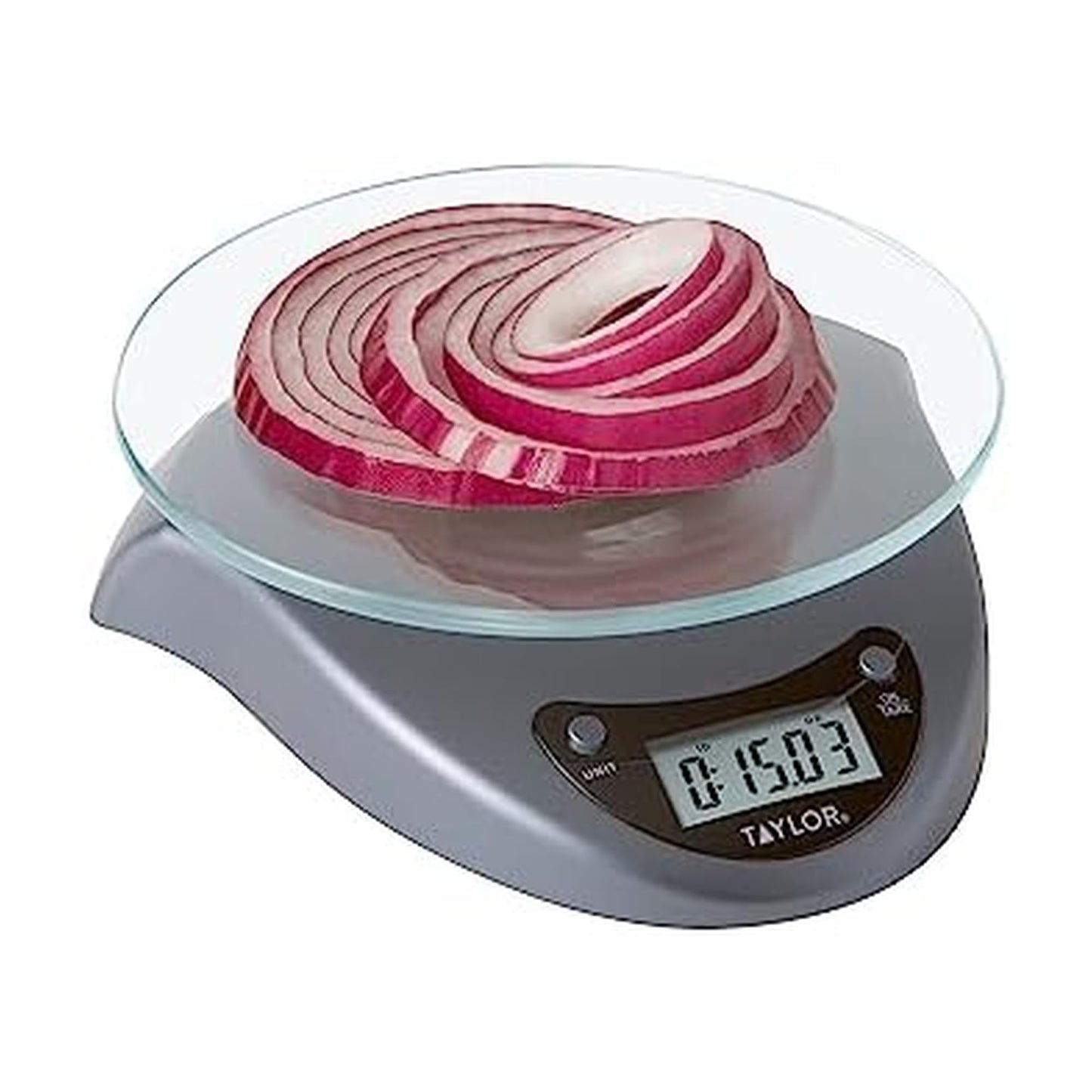 Taylor Digital Kitchen Scale with Glass Platform, Tare Button, and Plastic Body Weighs up to 11 Pounds Capacity, Silver