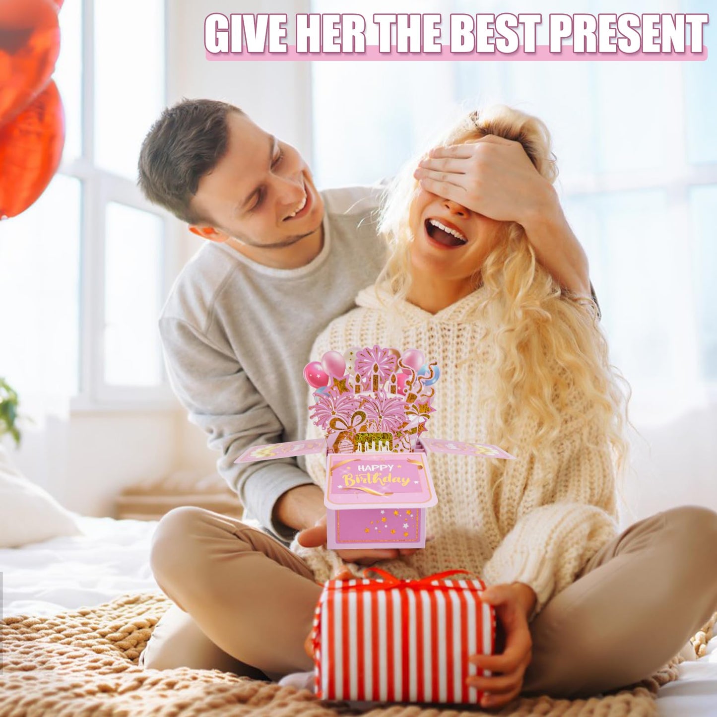 Surprise Pop Up Happy Birthday Cards, Lovely 3D Birthday Card for Adults and Kids with Envelopes, Unique Design Handmade Foldable Greeting Cards for Daughter, Son, Mom, Dad, Friend（Pink）